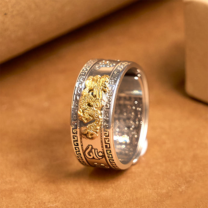 Buddha Stones Dragon Pattern Heart Sutra Copper Strength Ring - Great Wall Pattern Edge(Adjustable) - image 1