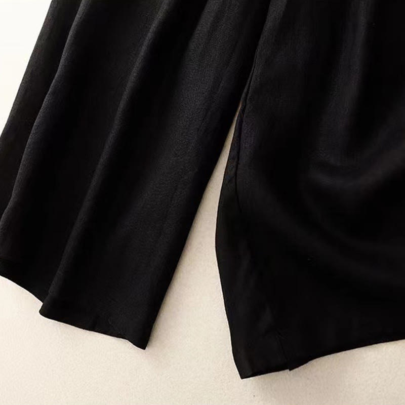 Buddha Stones Casual Solid Color One Button Cotton Women's Wide Leg Pants With Pockets - image 8