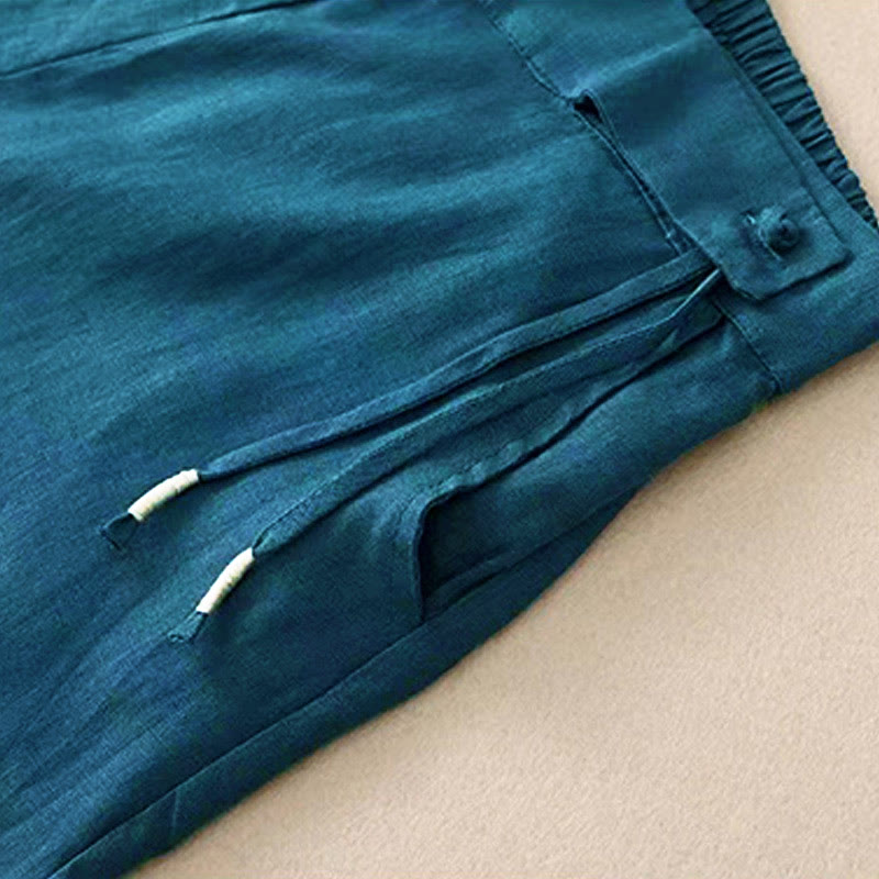 Buddha Stones Casual Solid Color One Button Cotton Women's Wide Leg Pants With Pockets - image 29