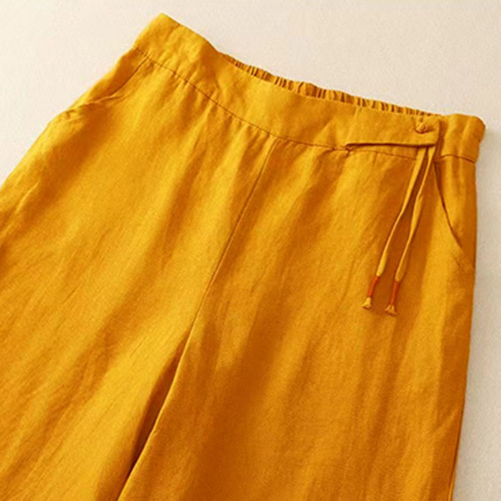 Buddha Stones Casual Solid Color One Button Cotton Women's Wide Leg Pants With Pockets - image 1