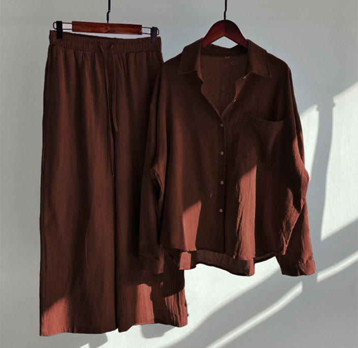 Buddha Stones 2Pcs Long Sleeve Shirt Top With Pockets Drawstring Pants Meditation Cotton Linen Clothing Women's Set - FireBrick - US20,UK/AU24,EU52 (5XL) - image 36