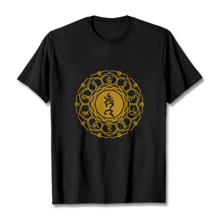 Buddha Stones Casual Hum Symbol Vishuddha Pattern Cotton Tee T-Shirt - Black - 2XL - image 5