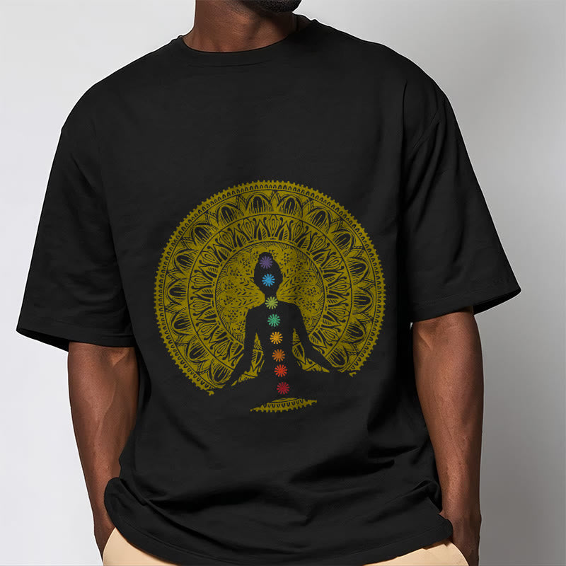 Buddha Stones Casual Colorful Chakra Symbols Golden Meditative Figure Pattern Cotton Tee T-shirt - image 2