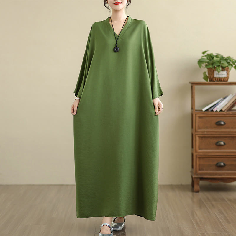 Buddha Stones Retro Casual Solid Color Long Sleeve Cotton Linen Maxi Dress With Pockets - image 3