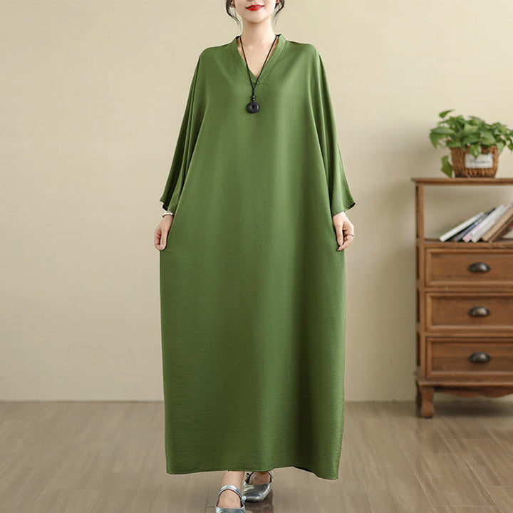 Buddha Stones Retro Casual Solid Color Long Sleeve Cotton Linen Maxi Dress With Pockets - image 3