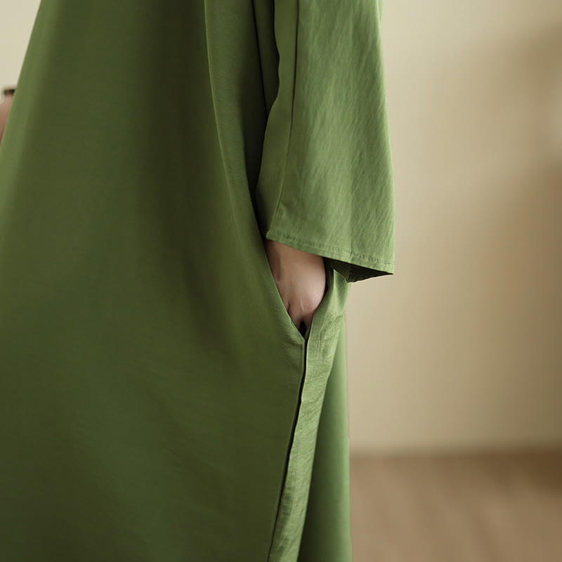 Buddha Stones Retro Casual Solid Color Long Sleeve Cotton Linen Maxi Dress With Pockets - image 10