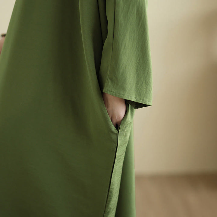 Buddha Stones Retro Casual Solid Color Long Sleeve Cotton Linen Maxi Dress With Pockets - image 10