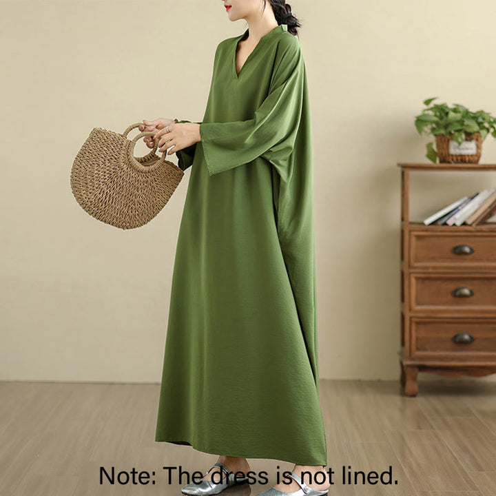 Buddha Stones Retro Casual Solid Color Long Sleeve Cotton Linen Maxi Dress With Pockets - image 2