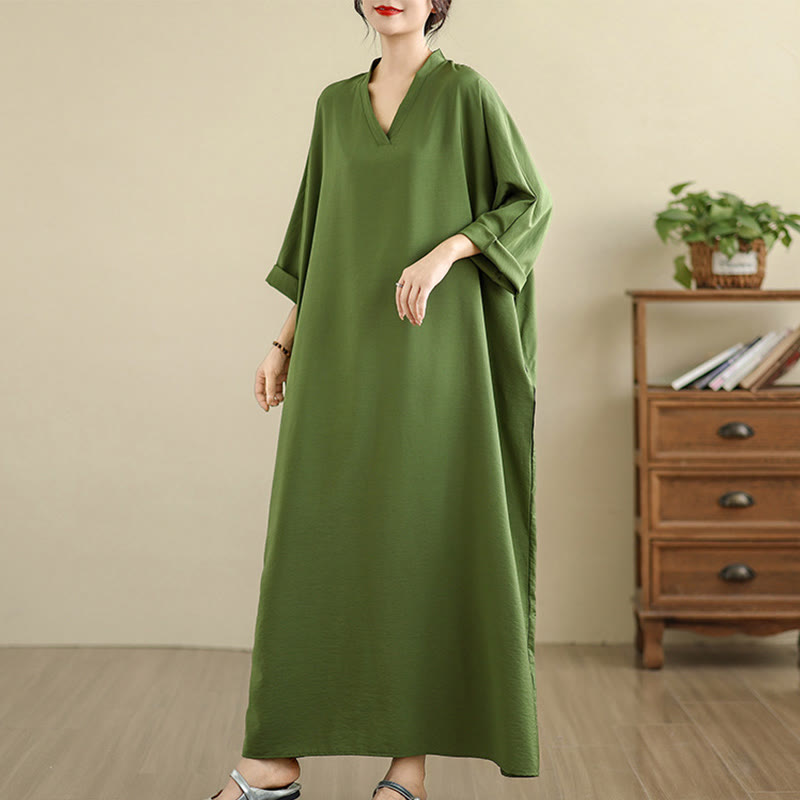 Buddha Stones Retro Casual Solid Color Long Sleeve Cotton Linen Maxi Dress With Pockets - image 6