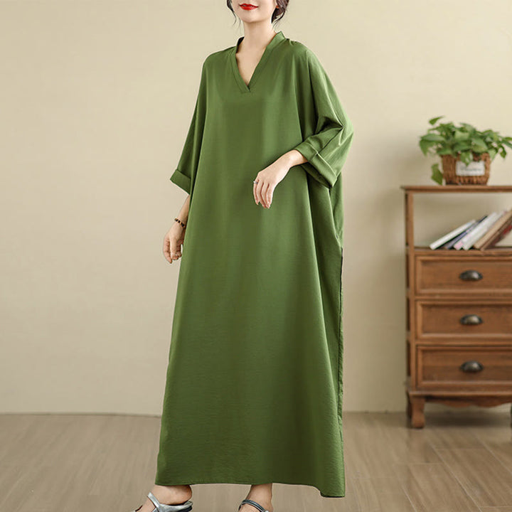 Buddha Stones Retro Casual Solid Color Long Sleeve Cotton Linen Maxi Dress With Pockets - image 6