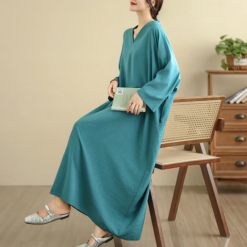 Buddha Stones Retro Casual Solid Color Long Sleeve Cotton Linen Maxi Dress With Pockets - image 20