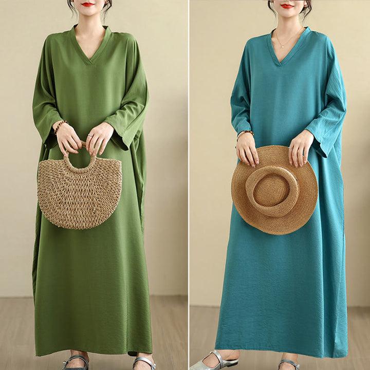 Buddha Stones Retro Casual Solid Color Long Sleeve Cotton Linen Maxi Dress With Pockets - image 37