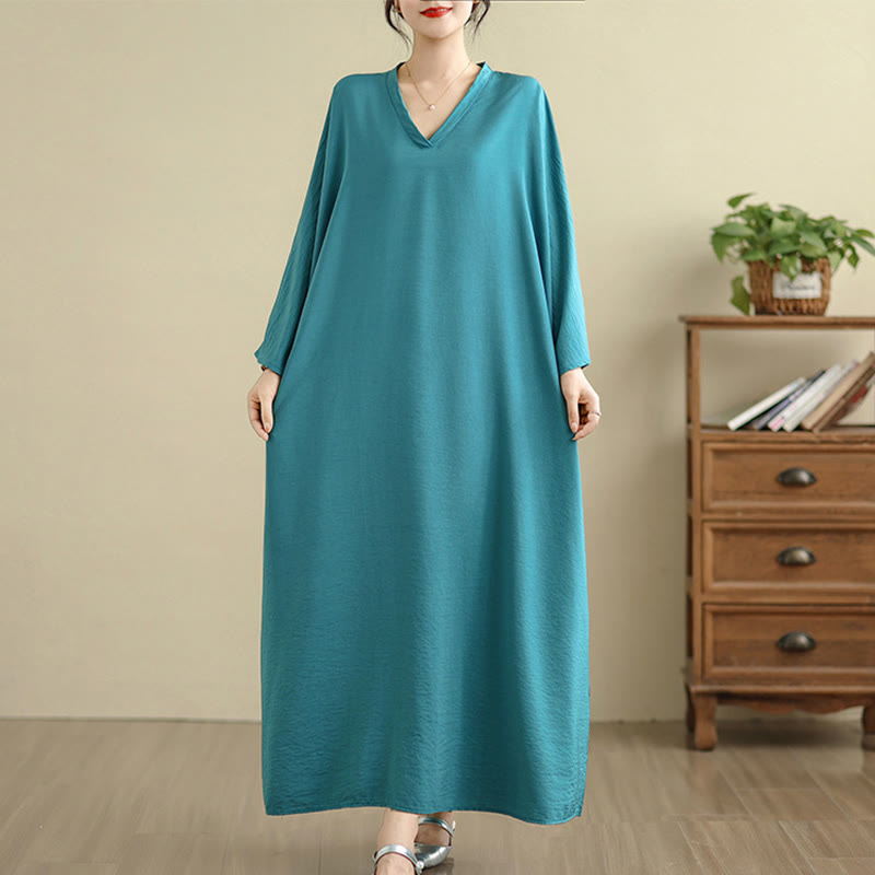 Buddha Stones Retro Casual Solid Color Long Sleeve Cotton Linen Maxi Dress With Pockets - image 15