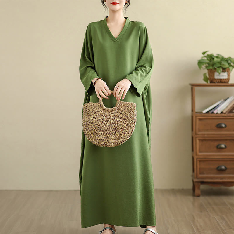 Buddha Stones Retro Casual Solid Color Long Sleeve Cotton Linen Maxi Dress With Pockets - OliveDrab - US4-12,UK/AU8-18,EU36-46(F) - image 1