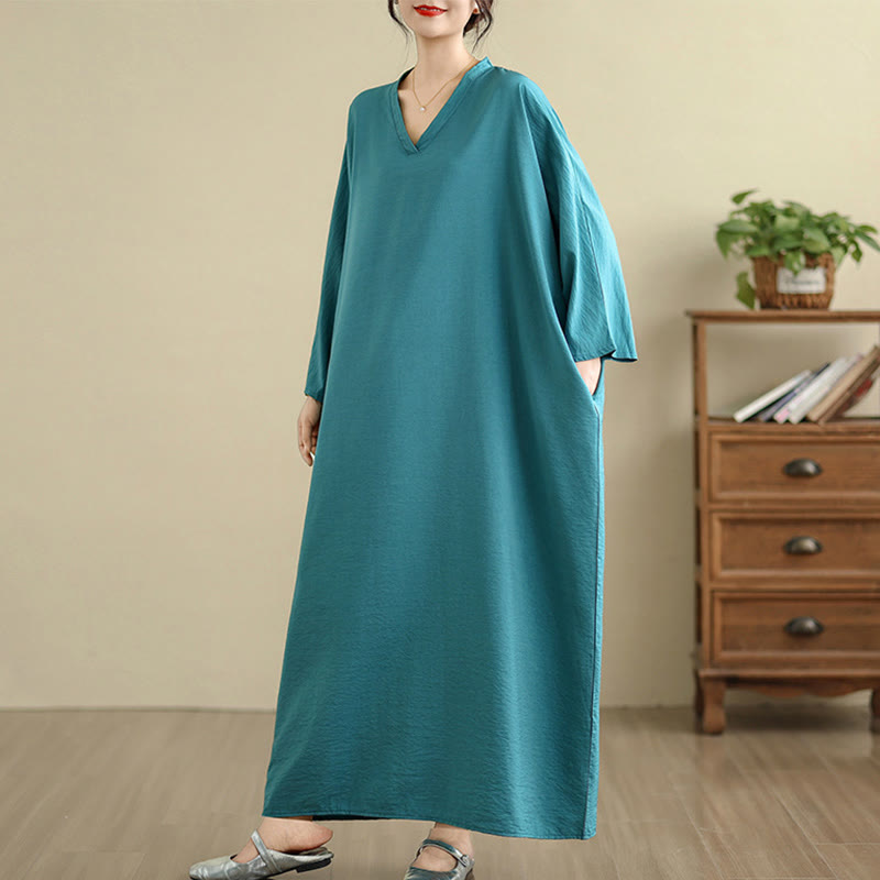 Buddha Stones Retro Casual Solid Color Long Sleeve Cotton Linen Maxi Dress With Pockets - image 16