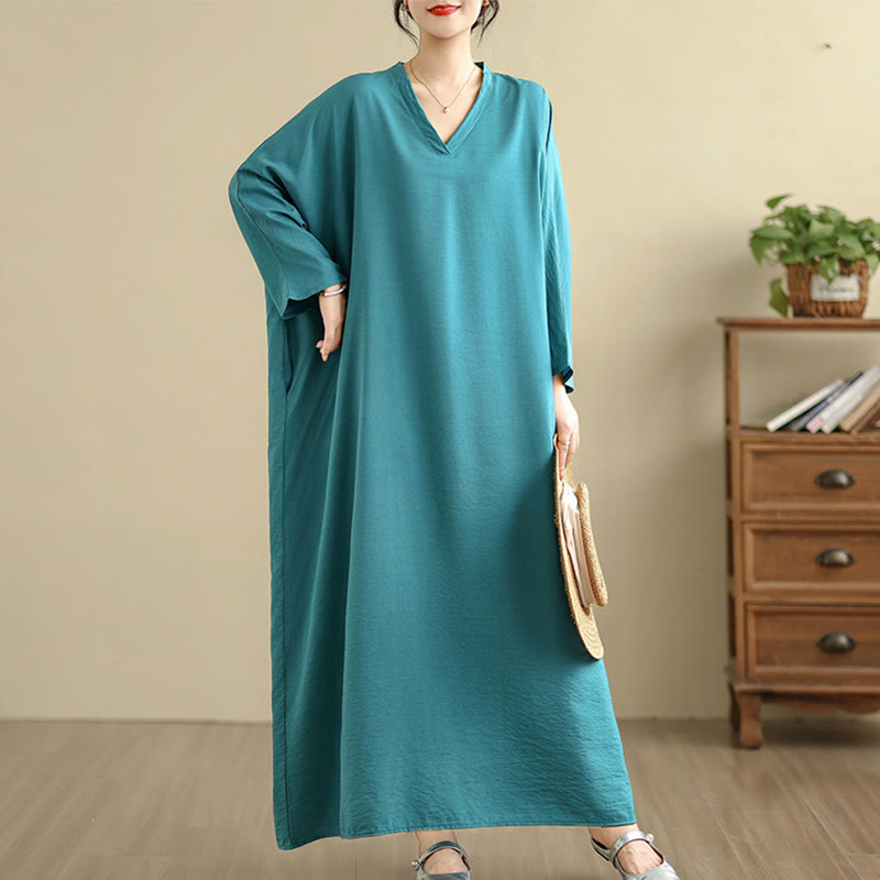 Buddha Stones Retro Casual Solid Color Long Sleeve Cotton Linen Maxi Dress With Pockets - image 17
