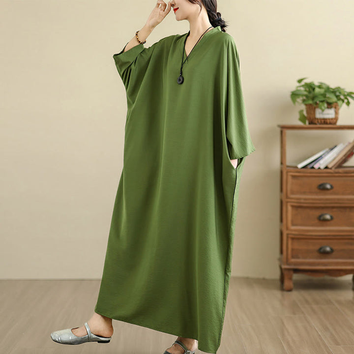 Buddha Stones Retro Casual Solid Color Long Sleeve Cotton Linen Maxi Dress With Pockets - image 5