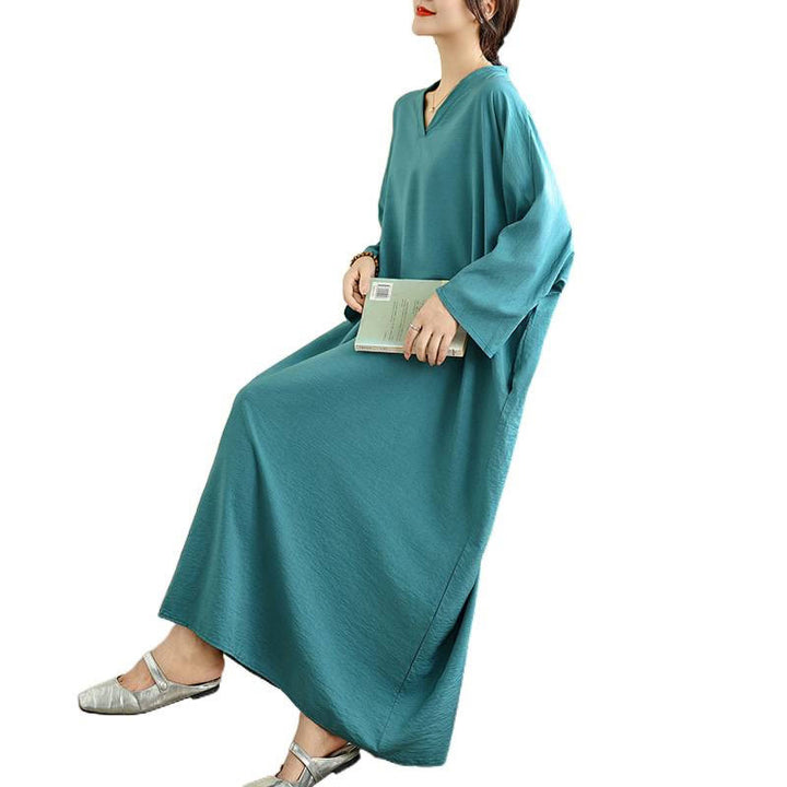 Buddha Stones Retro Casual Solid Color Long Sleeve Cotton Linen Maxi Dress With Pockets - image 25