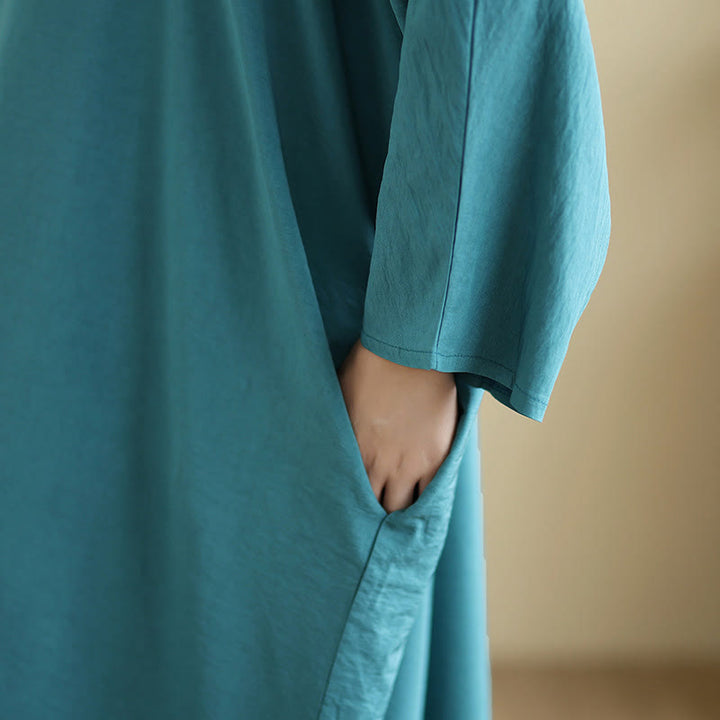 Buddha Stones Retro Casual Solid Color Long Sleeve Cotton Linen Maxi Dress With Pockets - image 23