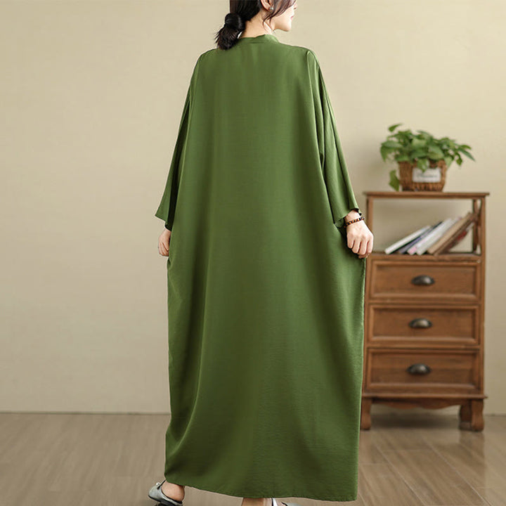 Buddha Stones Retro Casual Solid Color Long Sleeve Cotton Linen Maxi Dress With Pockets - image 4