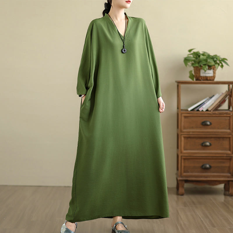 Buddha Stones Retro Casual Solid Color Long Sleeve Cotton Linen Maxi Dress With Pockets - image 7