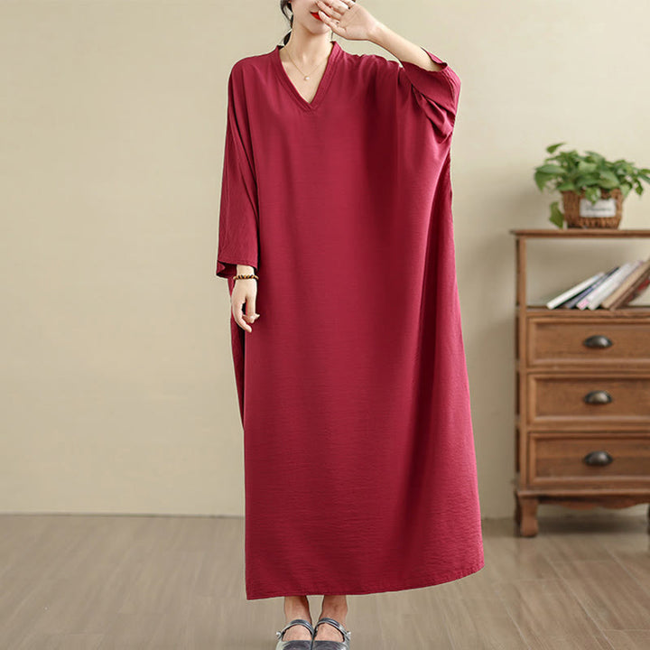 Buddha Stones Retro Casual Solid Color Long Sleeve Cotton Linen Maxi Dress With Pockets - Crimson - US4-12,UK/AU8-18,EU36-46(F) - image 31