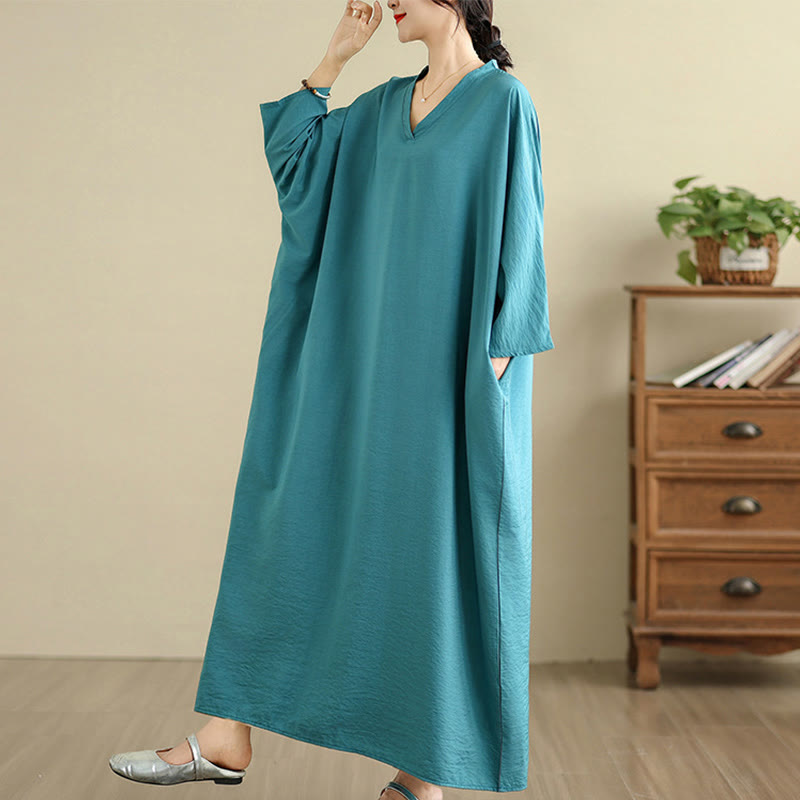 Buddha Stones Retro Casual Solid Color Long Sleeve Cotton Linen Maxi Dress With Pockets - image 18