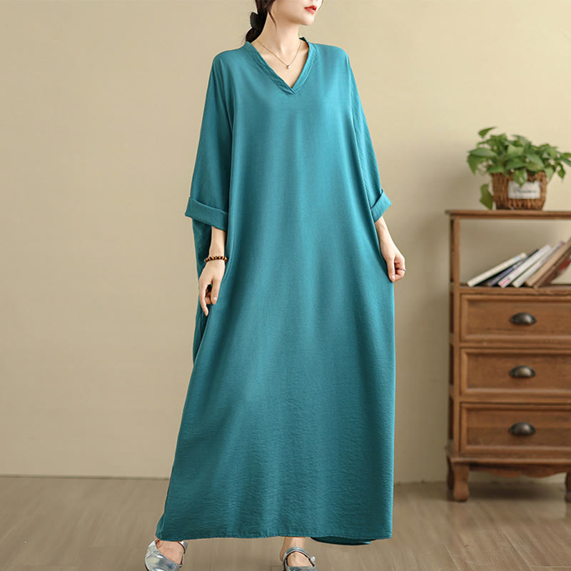 Buddha Stones Retro Casual Solid Color Long Sleeve Cotton Linen Maxi Dress With Pockets - LightSeaGreen - US4-12,UK/AU8-18,EU36-46(F) - image 13