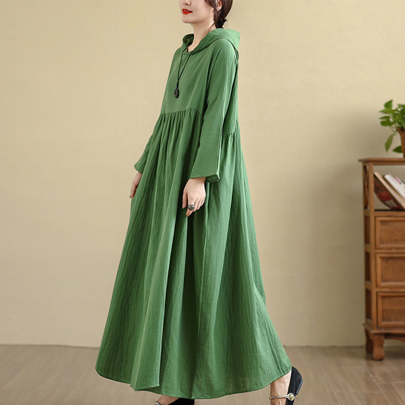 Buddha Stones Fall Hoodie Design Long Sleeve Cotton Linen Midi Dress With Pockets - image 24