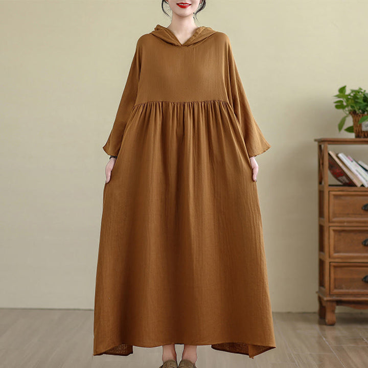 Buddha Stones Fall Hoodie Design Long Sleeve Cotton Linen Midi Dress With Pockets - image 6