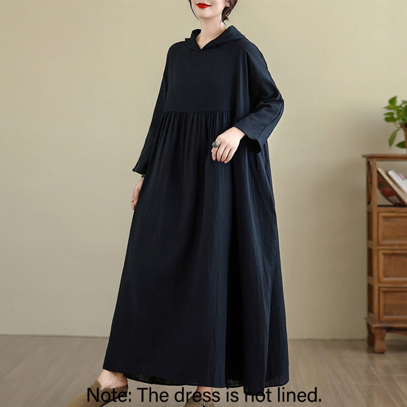 Buddha Stones Fall Hoodie Design Long Sleeve Cotton Linen Midi Dress With Pockets - image 13