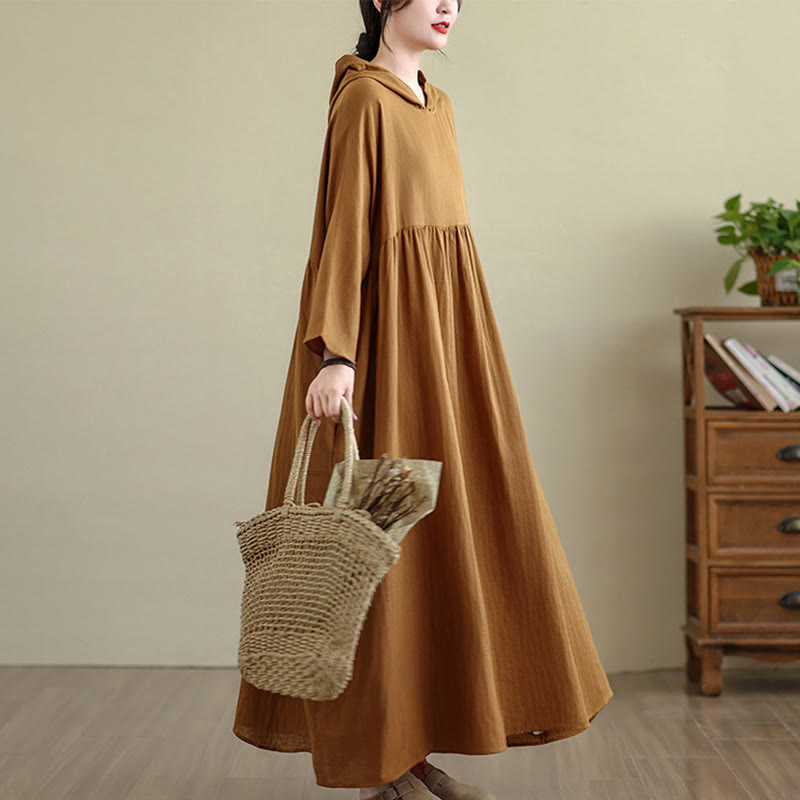 Buddha Stones Fall Hoodie Design Long Sleeve Cotton Linen Midi Dress With Pockets - image 7