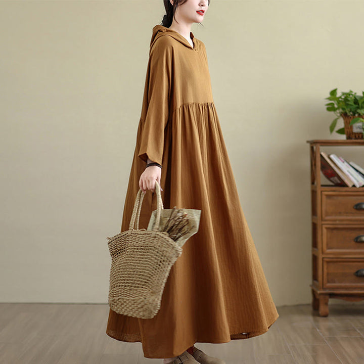Buddha Stones Fall Hoodie Design Long Sleeve Cotton Linen Midi Dress With Pockets - image 7