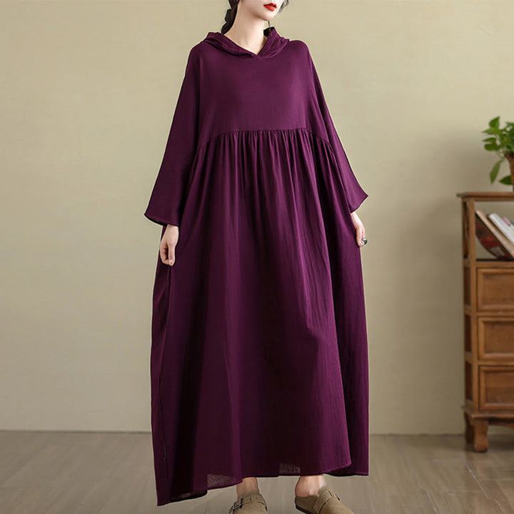 Buddha Stones Fall Hoodie Design Long Sleeve Cotton Linen Midi Dress With Pockets - image 20