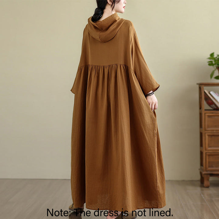Buddha Stones Fall Hoodie Design Long Sleeve Cotton Linen Midi Dress With Pockets - image 2