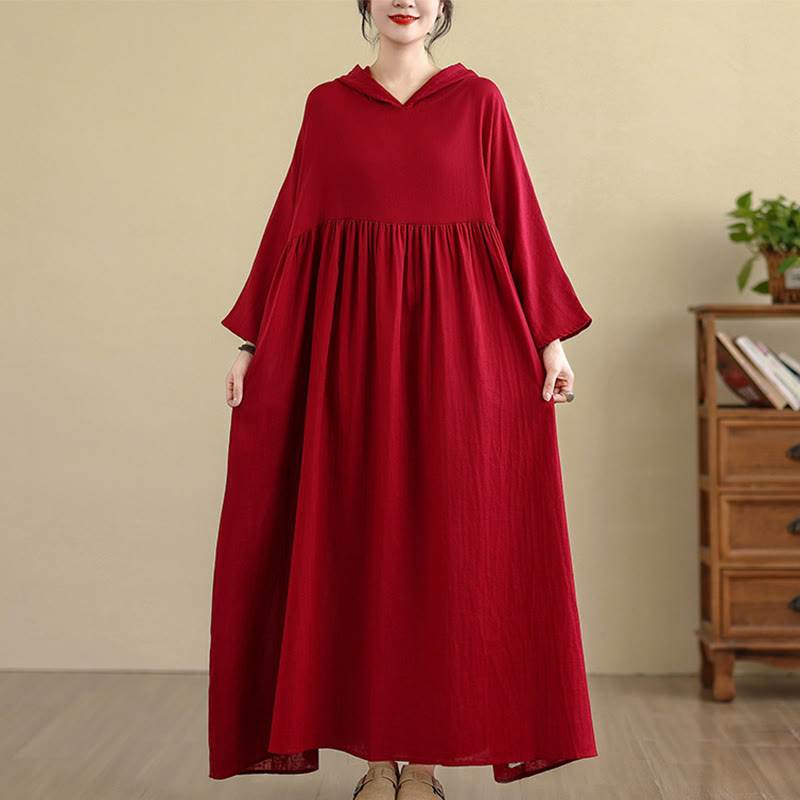 Buddha Stones Fall Hoodie Design Long Sleeve Cotton Linen Midi Dress With Pockets - Red - US4-8/10,UK/AU8-12/14,EU36-40/42(F) - image 15