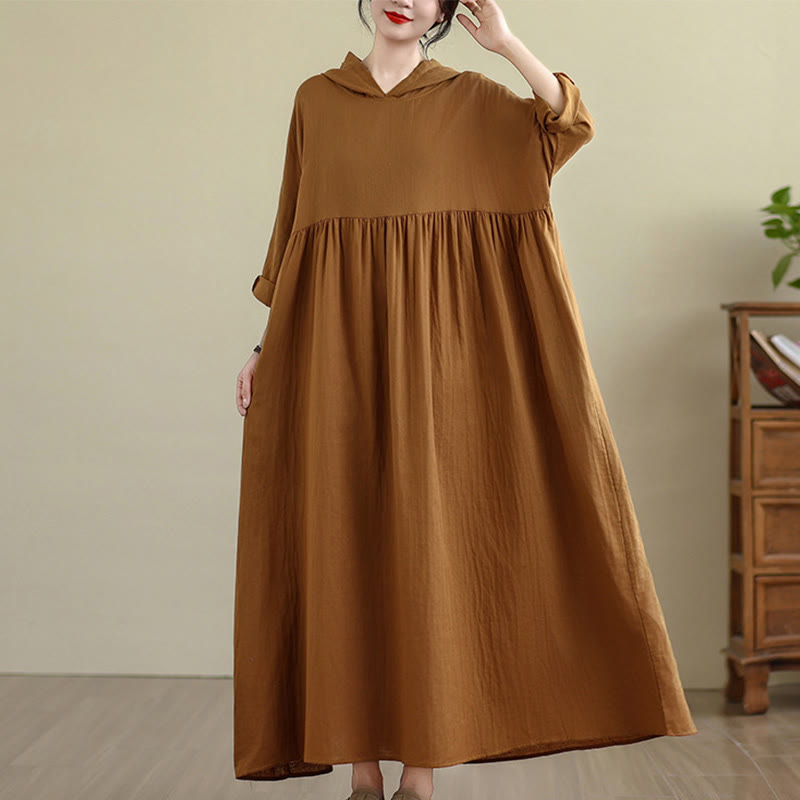 Buddha Stones Fall Hoodie Design Long Sleeve Cotton Linen Midi Dress With Pockets - image 3