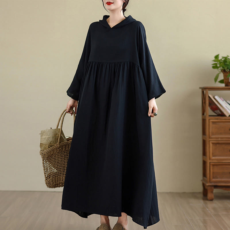 Buddha Stones Fall Hoodie Design Long Sleeve Cotton Linen Midi Dress With Pockets - image 14