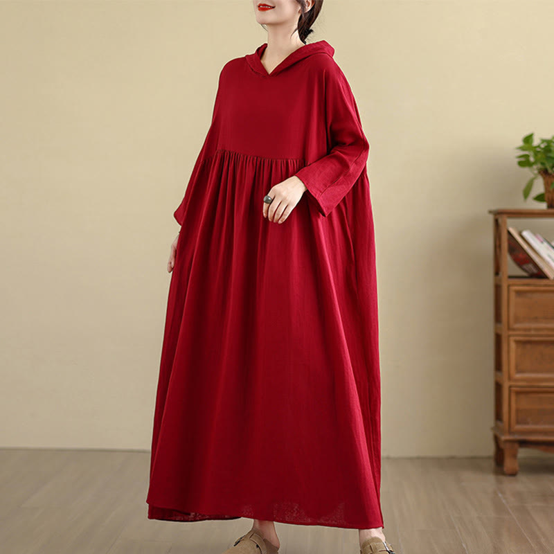 Buddha Stones Fall Hoodie Design Long Sleeve Cotton Linen Midi Dress With Pockets - image 17