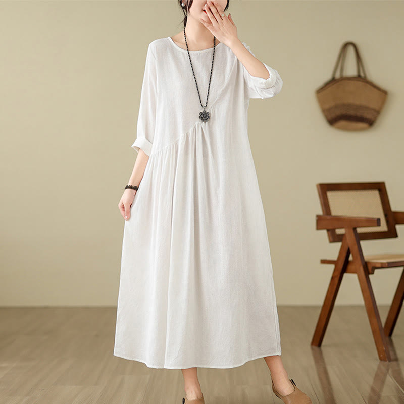 Buddha Stones Plain Jacquard Flower Irregular Long Sleeve Cotton Linen Midi Dress With Pockets - White - US8-10,UK/AU12-14,EU40-42 (2XL) - image 18