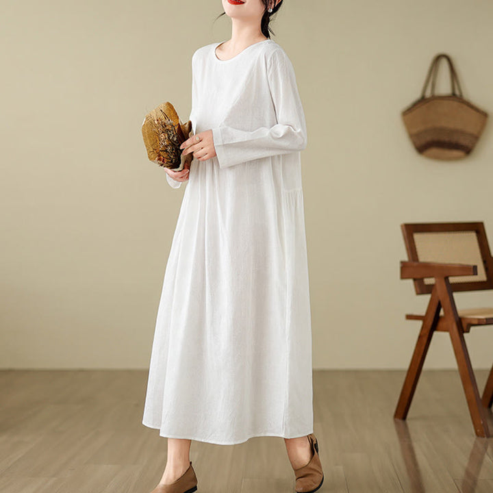 Buddha Stones Plain Jacquard Flower Irregular Long Sleeve Cotton Linen Midi Dress With Pockets - image 20