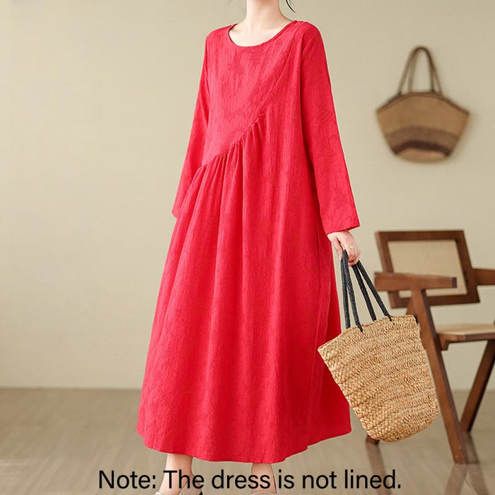 Buddha Stones Plain Jacquard Flower Irregular Long Sleeve Cotton Linen Midi Dress With Pockets - image 8