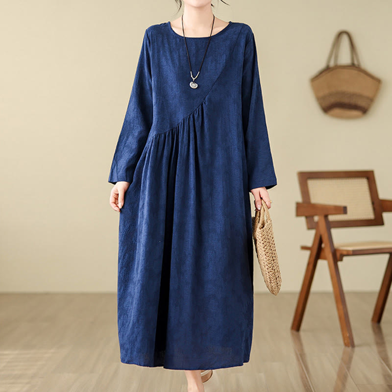Buddha Stones Plain Jacquard Flower Irregular Long Sleeve Cotton Linen Midi Dress With Pockets - image 3