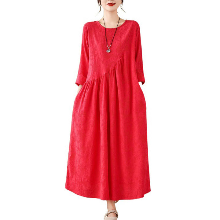 Buddha Stones Plain Jacquard Flower Irregular Long Sleeve Cotton Linen Midi Dress With Pockets - image 17