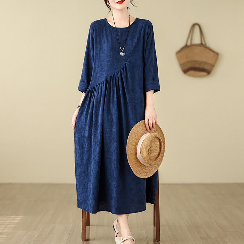 Buddha Stones Plain Jacquard Flower Irregular Long Sleeve Cotton Linen Midi Dress With Pockets - image 5