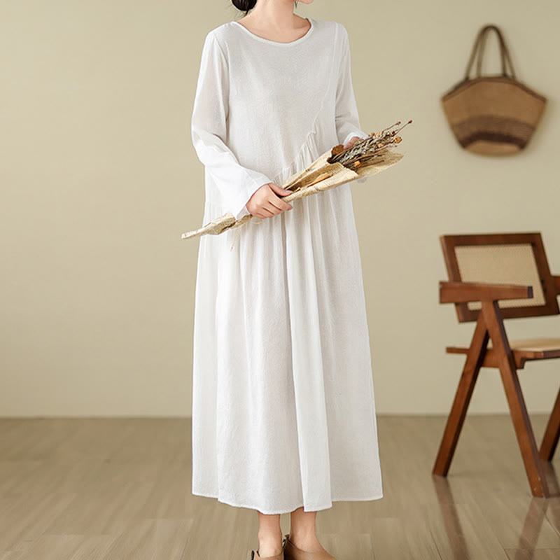 Buddha Stones Plain Jacquard Flower Irregular Long Sleeve Cotton Linen Midi Dress With Pockets - image 21