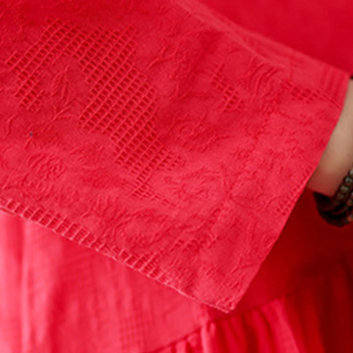 Buddha Stones Plain Jacquard Flower Irregular Long Sleeve Cotton Linen Midi Dress With Pockets - image 14