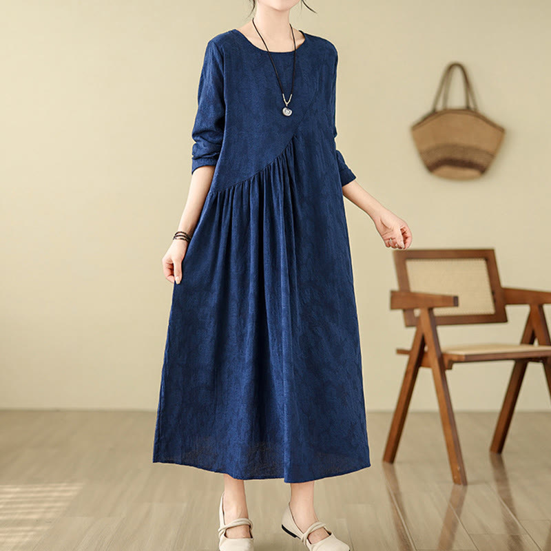 Buddha Stones Plain Jacquard Flower Irregular Long Sleeve Cotton Linen Midi Dress With Pockets - MidnightBlue - US8-10,UK/AU12-14,EU40-42 (2XL) - image 1