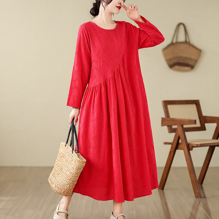 Buddha Stones Plain Jacquard Flower Irregular Long Sleeve Cotton Linen Midi Dress With Pockets - Red - US8-10,UK/AU12-14,EU40-42 (2XL) - image 7