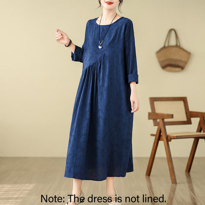 Buddha Stones Plain Jacquard Flower Irregular Long Sleeve Cotton Linen Midi Dress With Pockets - image 2